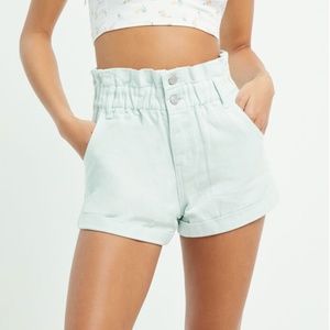 PacSun Faded Aqua Paperbag Denim Mom Shorts